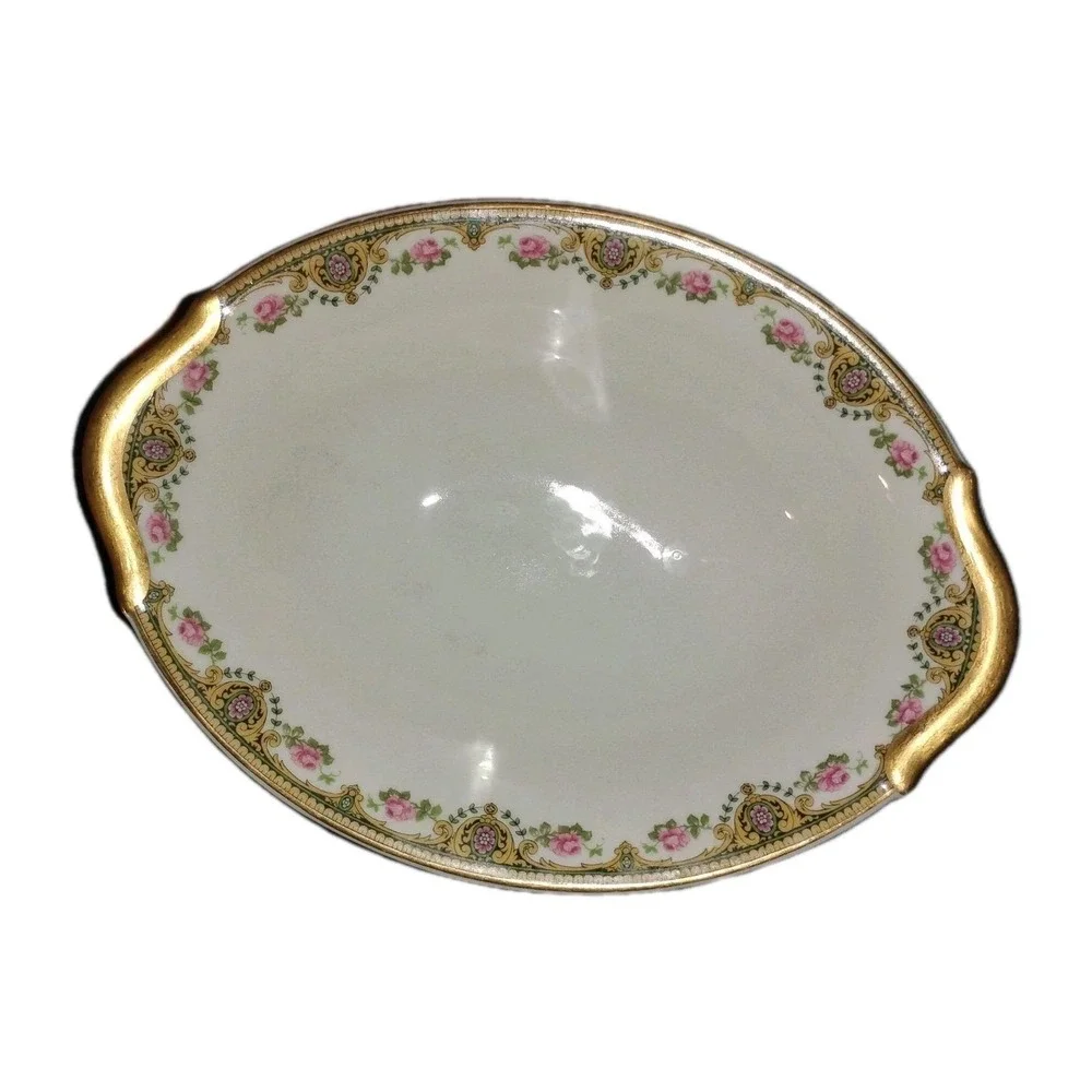 Antique U.C. Limoges Oval Bowl Serving Gilded Yellow Pink Floral Trim 2 handled‎